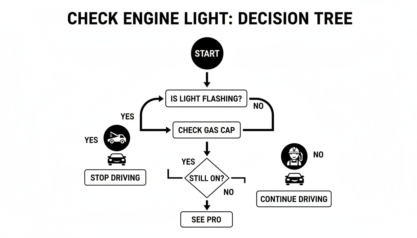 A decision tree flowchart guides drivers on what to do when their check engine light illuminates.
