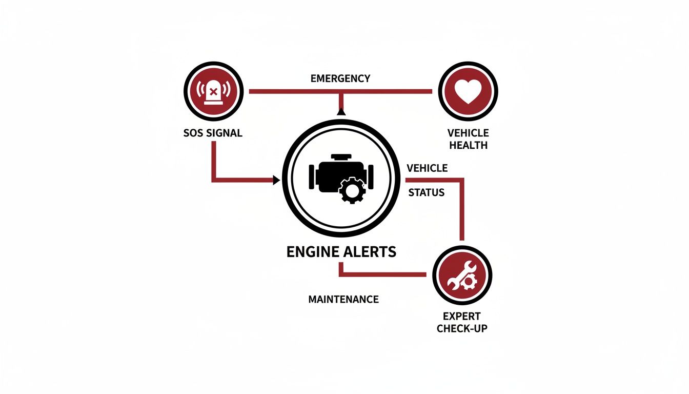 Diagram showing engine alerts connecting to SOS signal, vehicle health, and expert check-up.