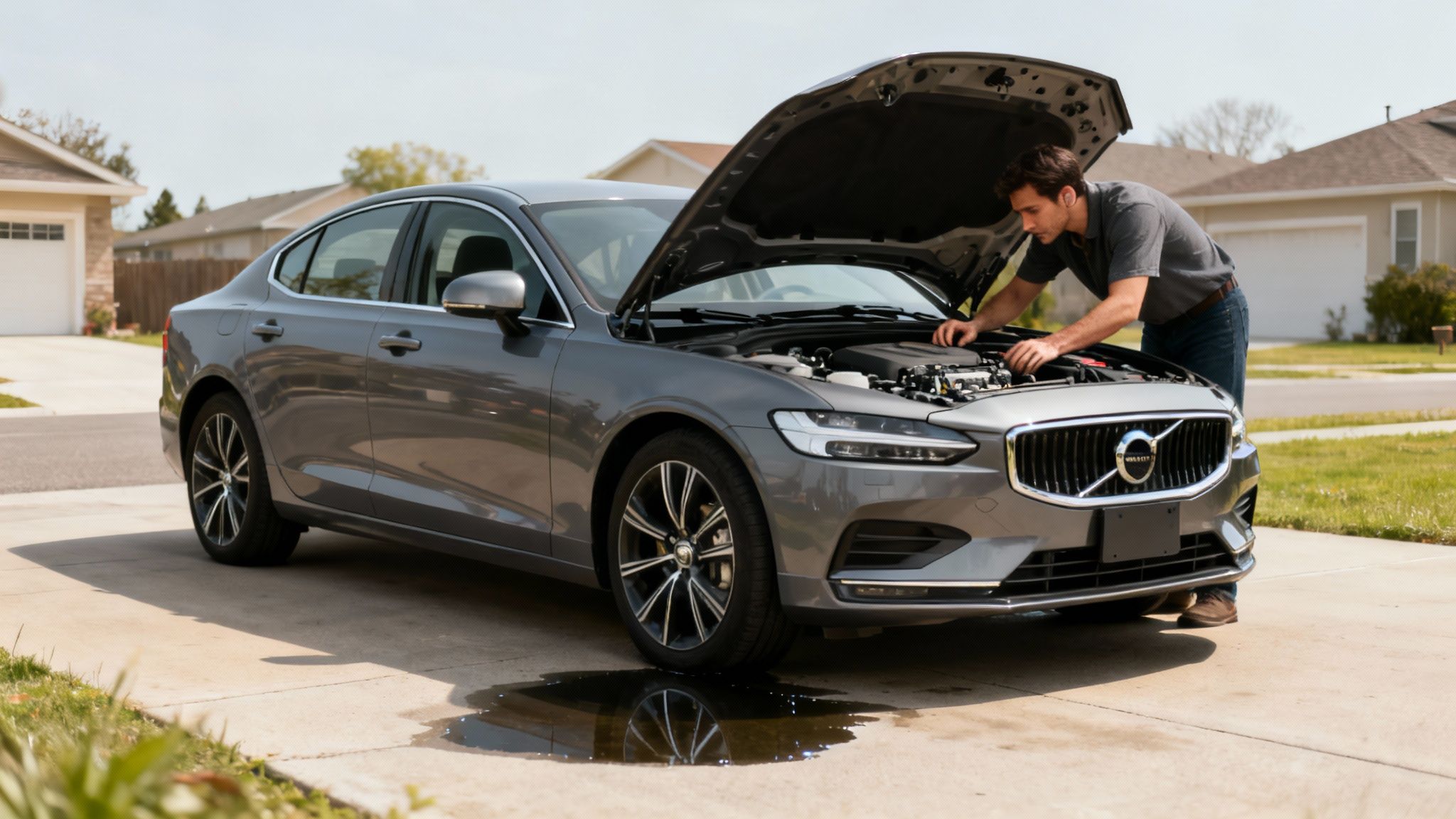 A man inspects the engine of a gray Volvo with its hood open, observing a fluid leak.