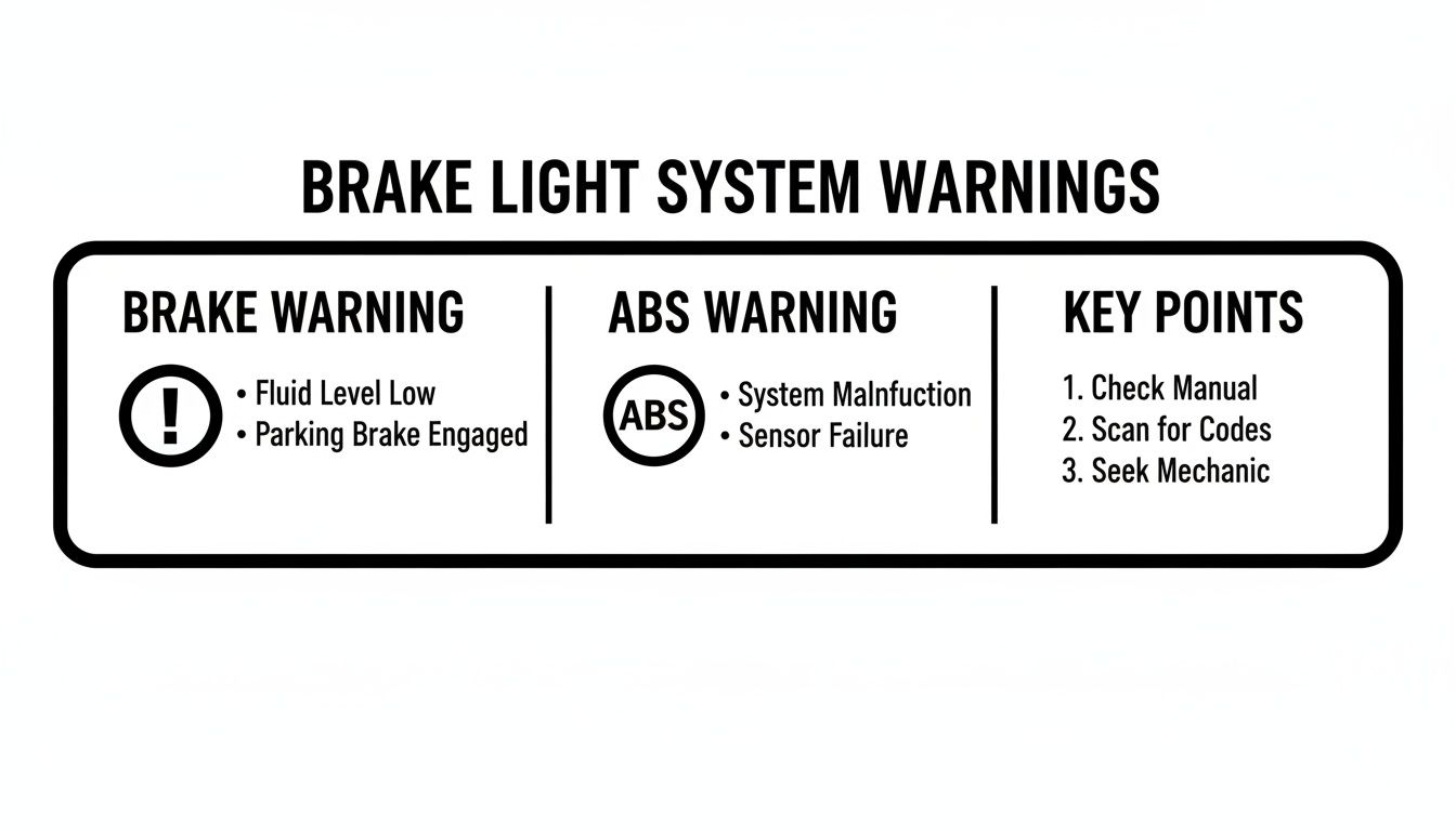 Infographic outlining common brake light system warnings for low fluid, ABS malfunction, and troubleshooting steps.