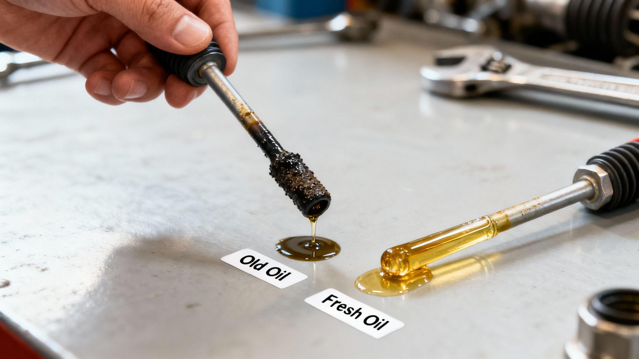 A mechanic's hand holds a dirty dipstick dripping dark old oil, contrasted with clean fresh oil.