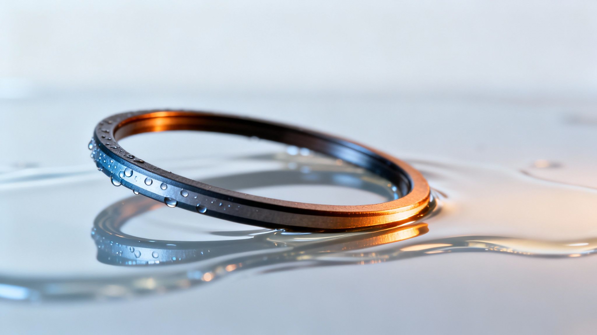 A close-up of a wet, dark ring covered in water droplets on a reflective surface.
