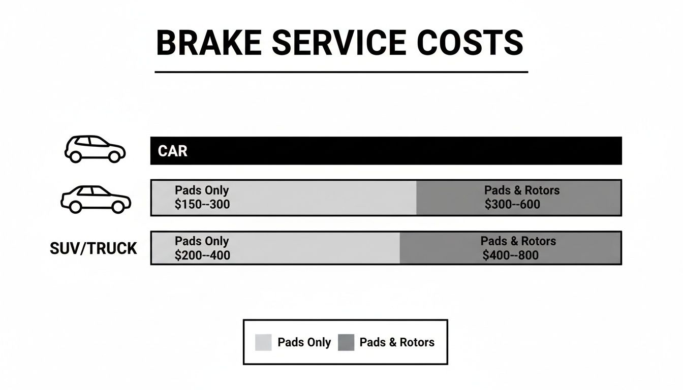 Brake service costs chart showing prices for pads only and pads & rotors for cars and SUVs/trucks.