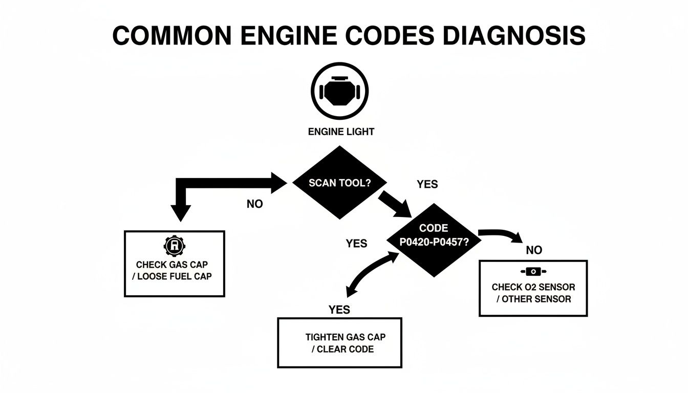 Flowchart illustrating common engine codes diagnosis process, including checking gas cap, using a scan tool, and specific code actions.
