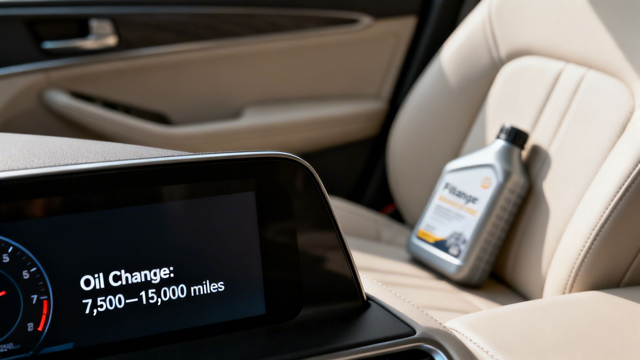 Car interior with infotainment screen displaying oil change interval and an oil bottle on passenger seat.