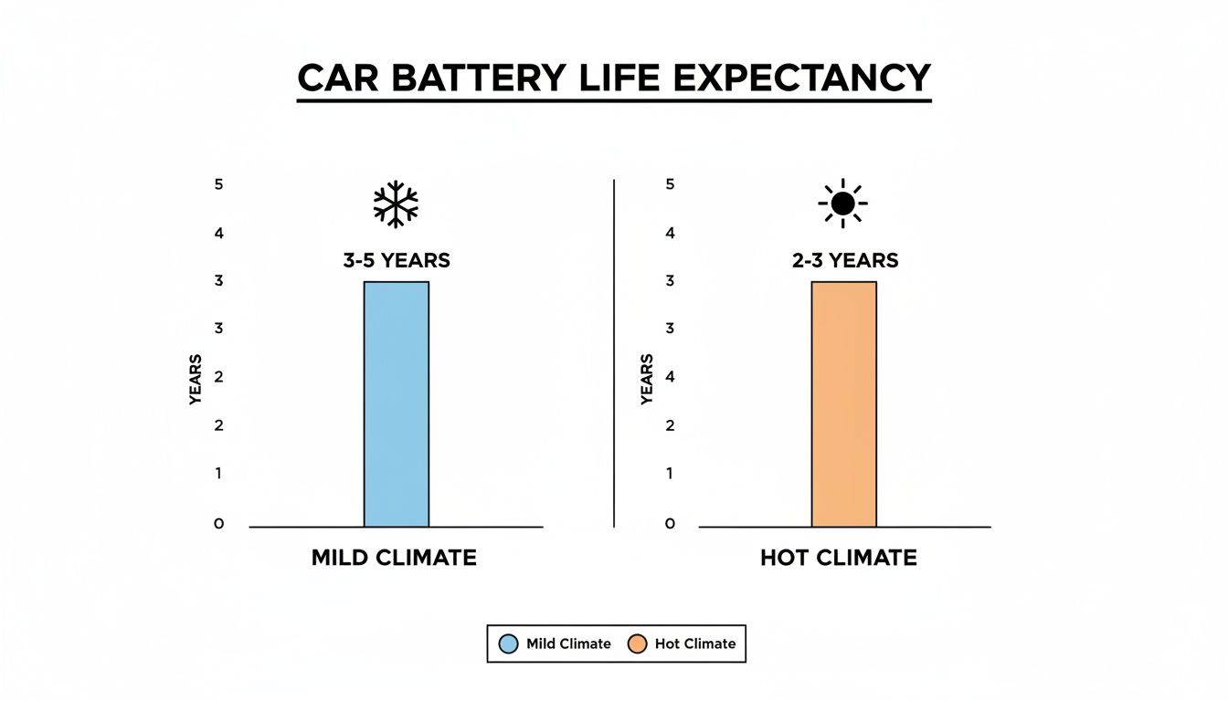 Bar chart illustrating car battery life expectancy: 3-5 years in mild climates and 2-3 years in hot climates.