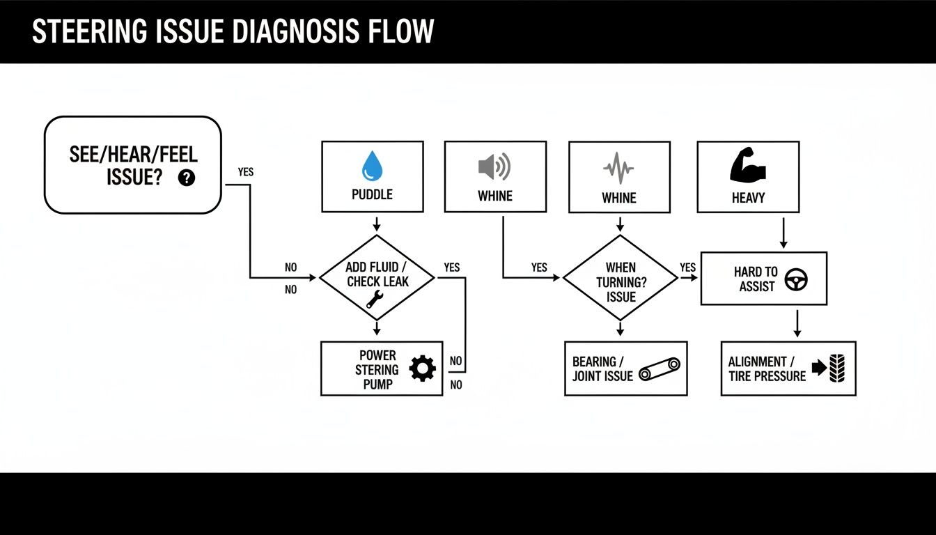 Flowchart illustrating a steering issue diagnosis flow with symptoms like puddles, whines, and heavy steering.