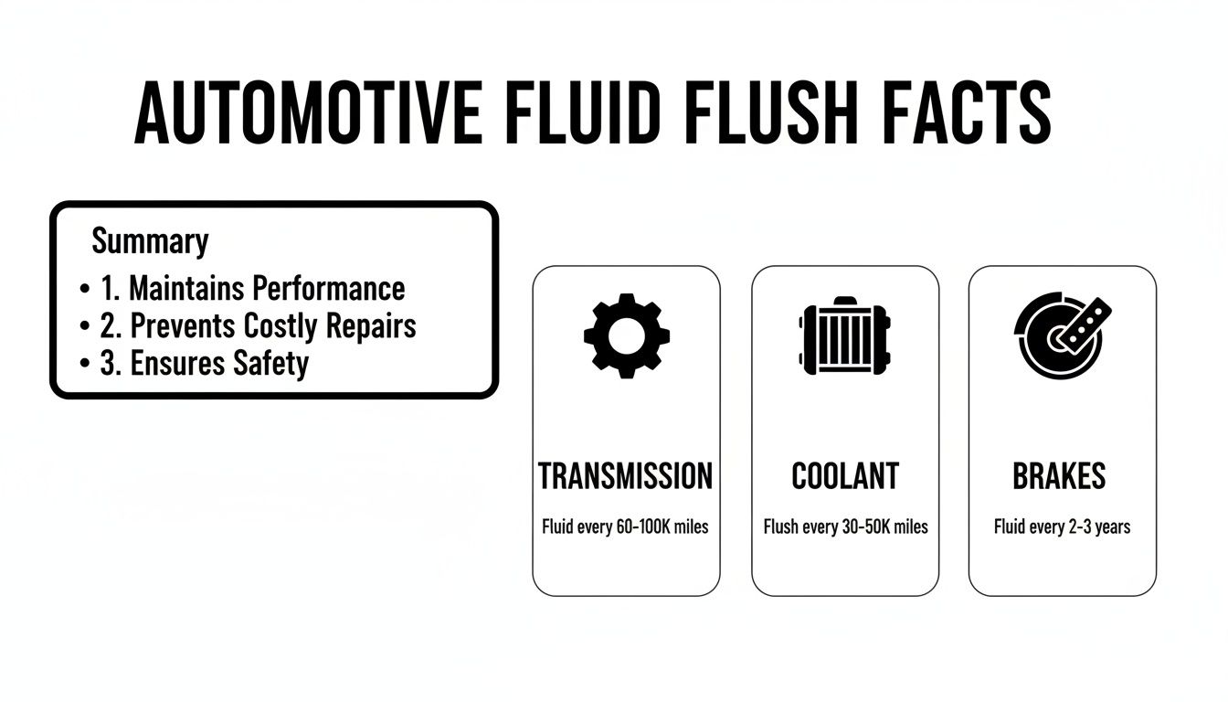 Infographic detailing automotive fluid flush facts for transmission, coolant, and brakes, highlighting benefits.