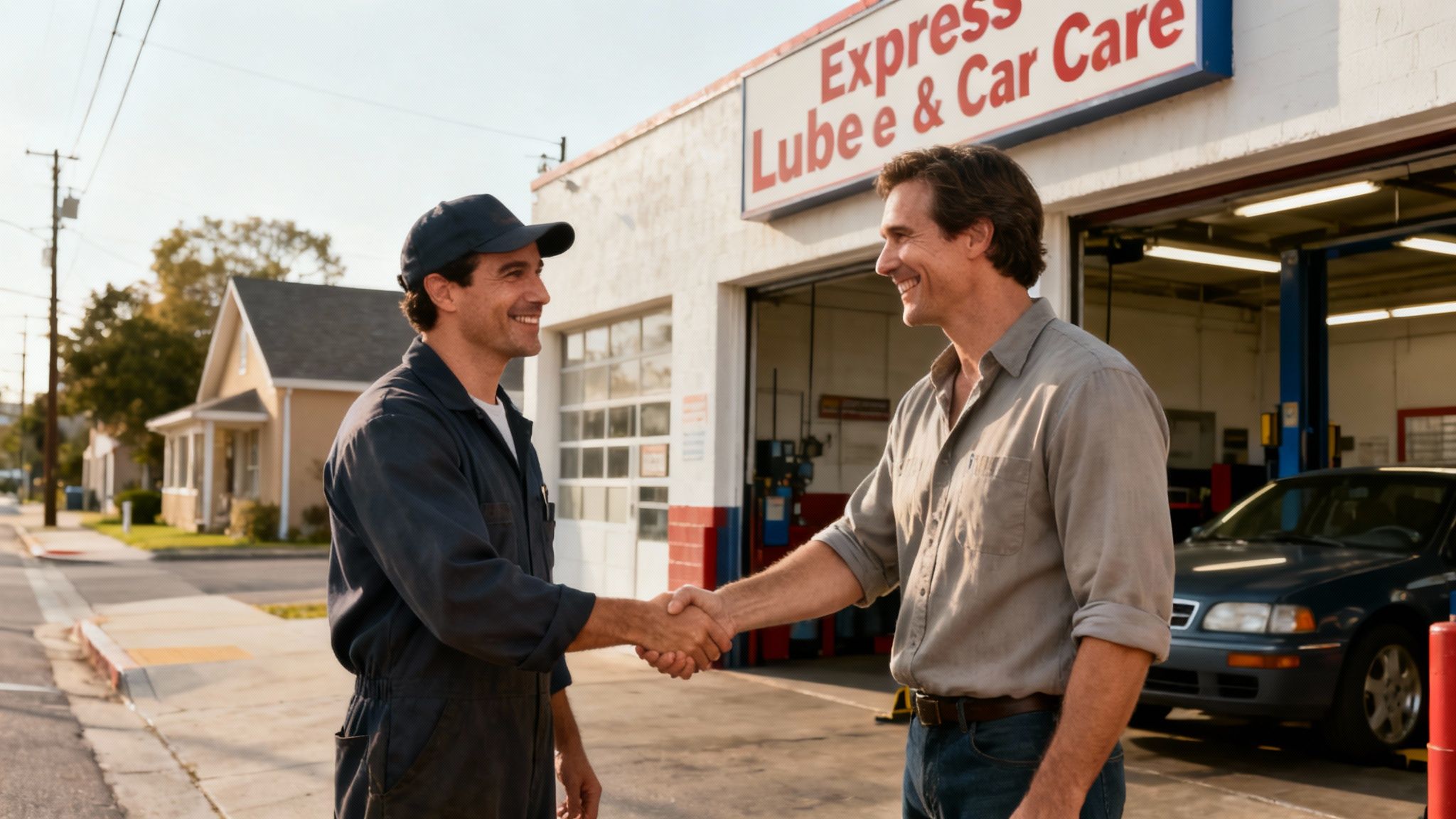 A happy mechanic in uniform shaking hands with a smiling customer outside a car service shop.