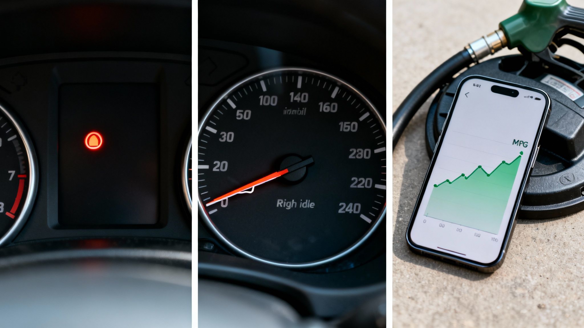 Car dashboard showing warning lights and speedometer, beside a phone displaying increasing MPG.