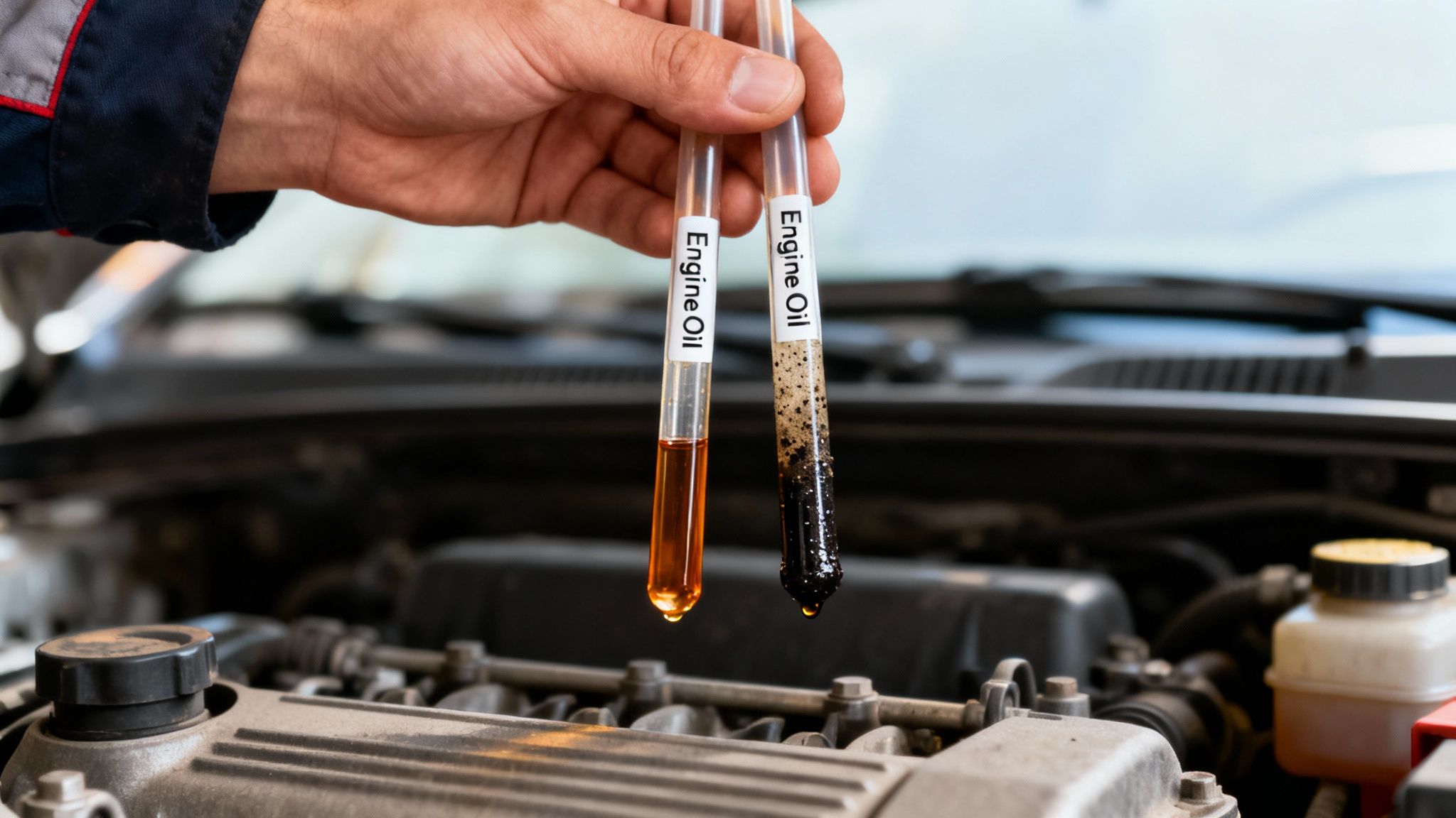 A close-up shows a hand holding two test tubes displaying clean and dirty engine oil over a car engine.
