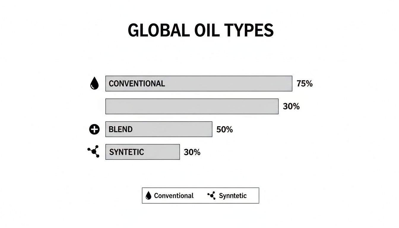 Bar chart displaying global oil types percentages: Conventional (75%), Blend (50%), and Synthetic (30%).