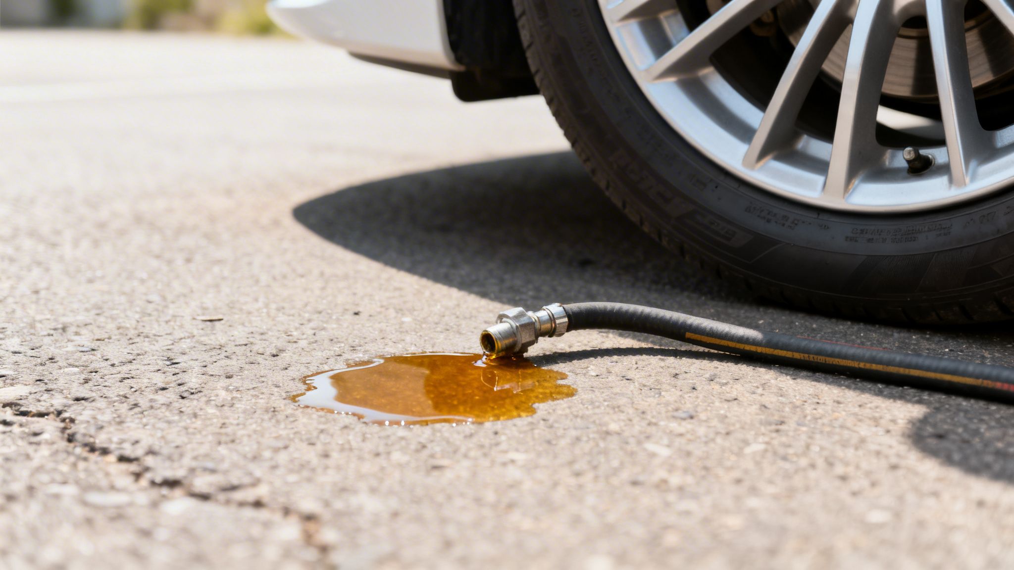 A close-up shows a car tire with brown liquid leaking from a hose onto the asphalt.