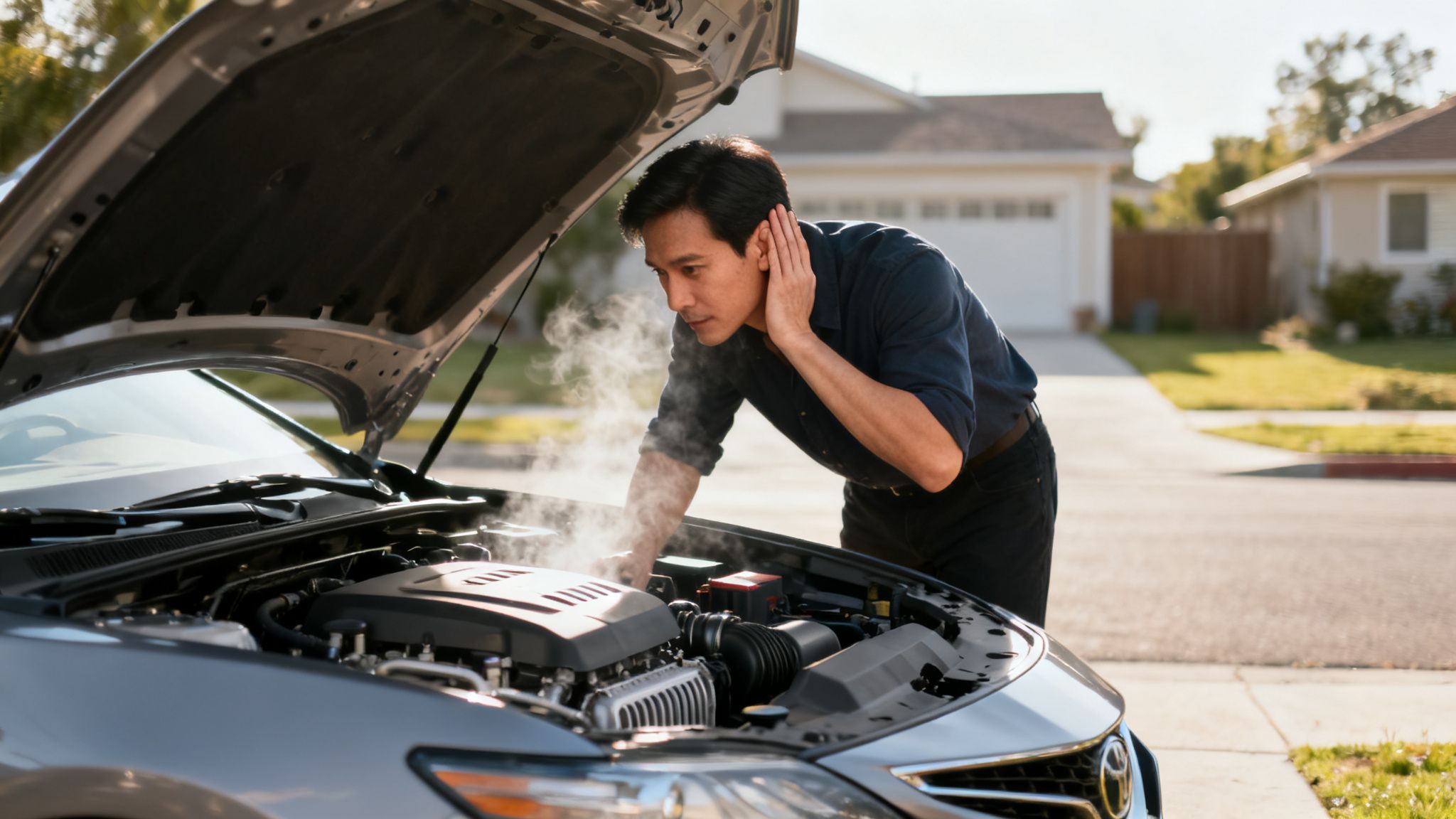 A man diagnoses a smoking car engine, covering his ear to listen or from discomfort.
