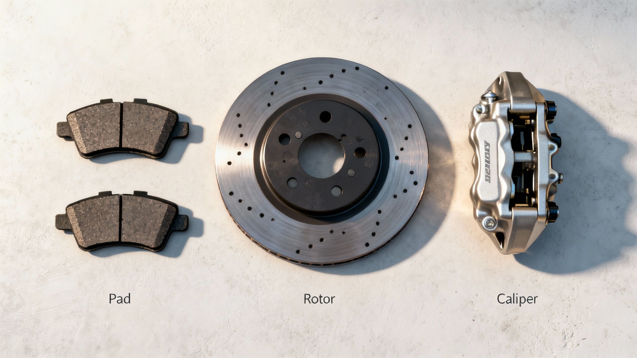 A complete set of new car brake components, including two pads, a drilled rotor, and a caliper.