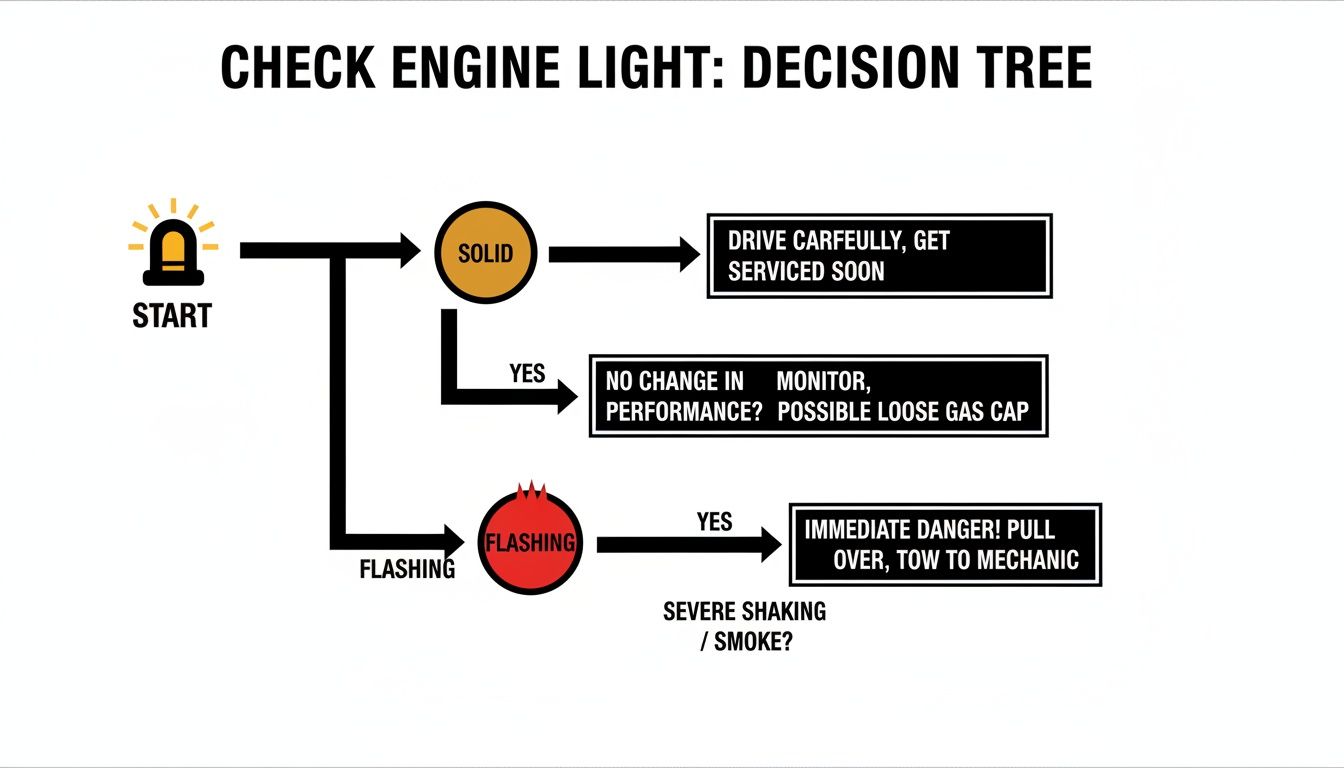 A decision tree guiding drivers on actions for a solid or flashing check engine light.