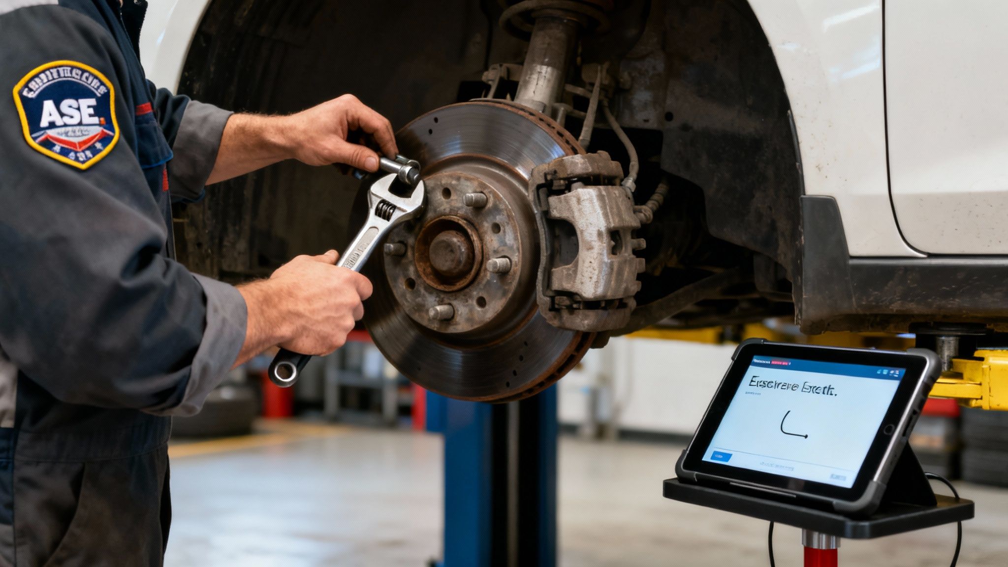 A certified ASE mechanic adjusts a car's disc brake system with a wrench, with a diagnostic tablet.