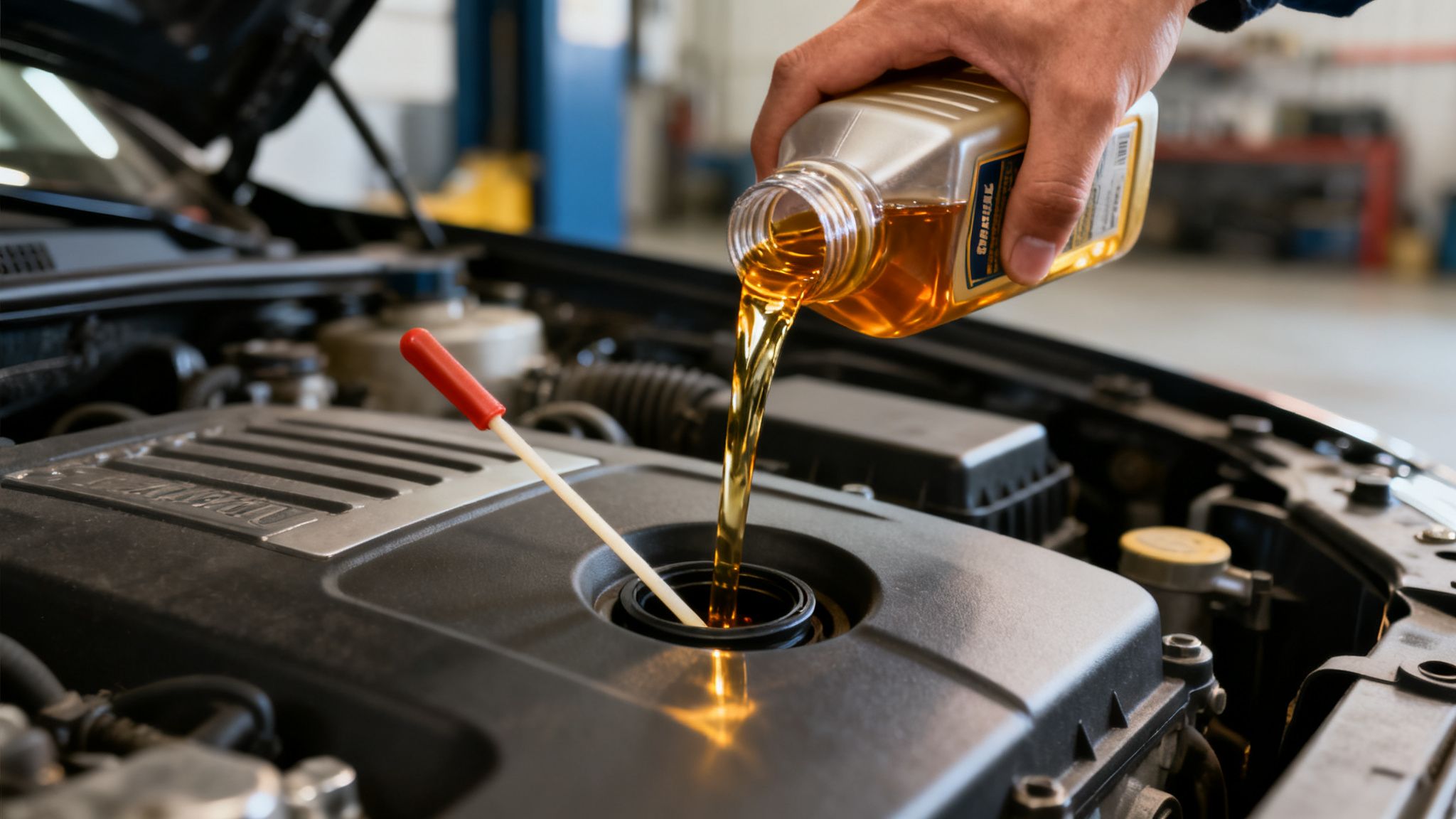 Mechanic's hand pouring new engine oil into a car engine during a fluid change.