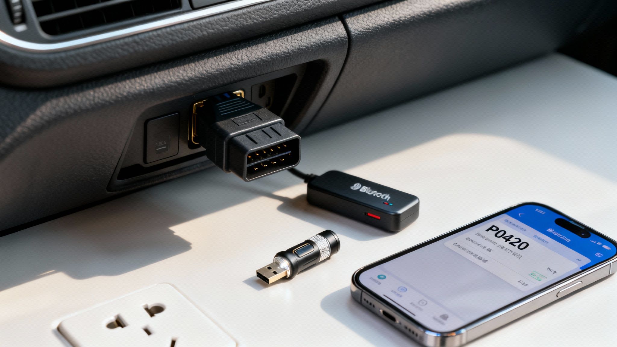 OBD-II scanner plugged into a car's port, with a smartphone displaying a P0420 check engine light error.