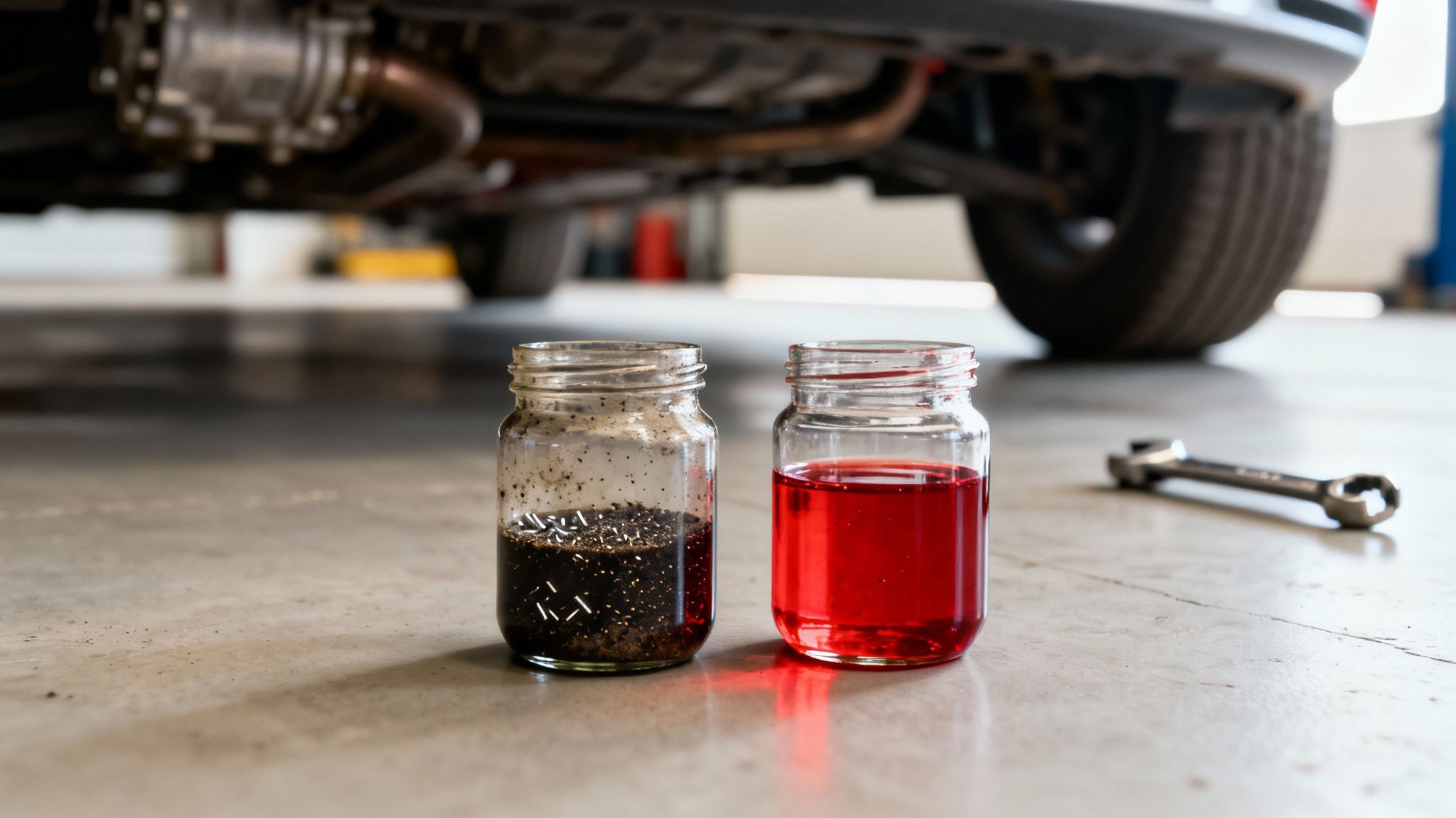 Two glass jars show old, dirty transmission fluid and fresh, red fluid in a car garage.
