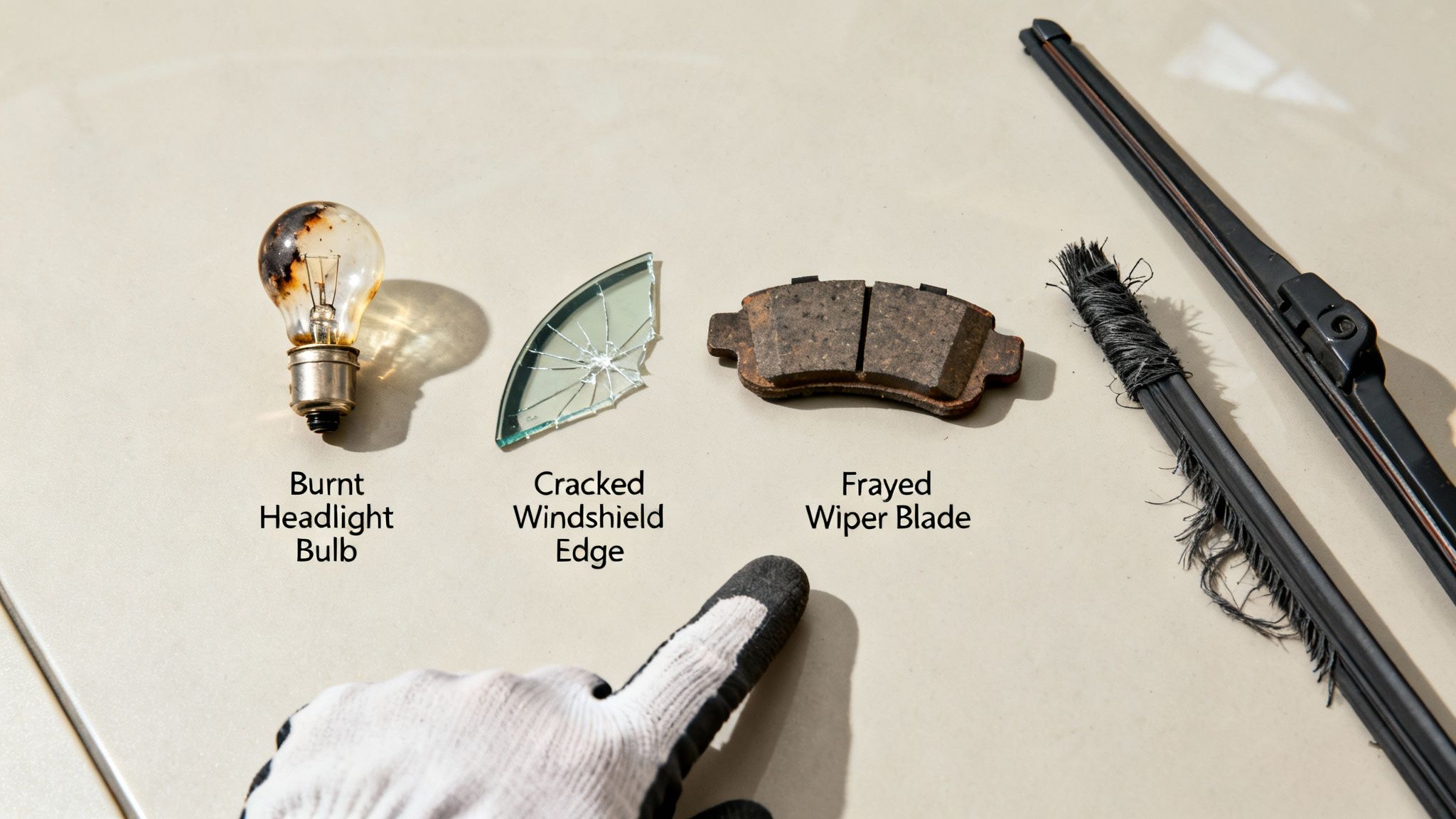 Gloved hand pointing to worn car parts: burnt headlight bulb, cracked glass, brake pad, and frayed wiper blade.