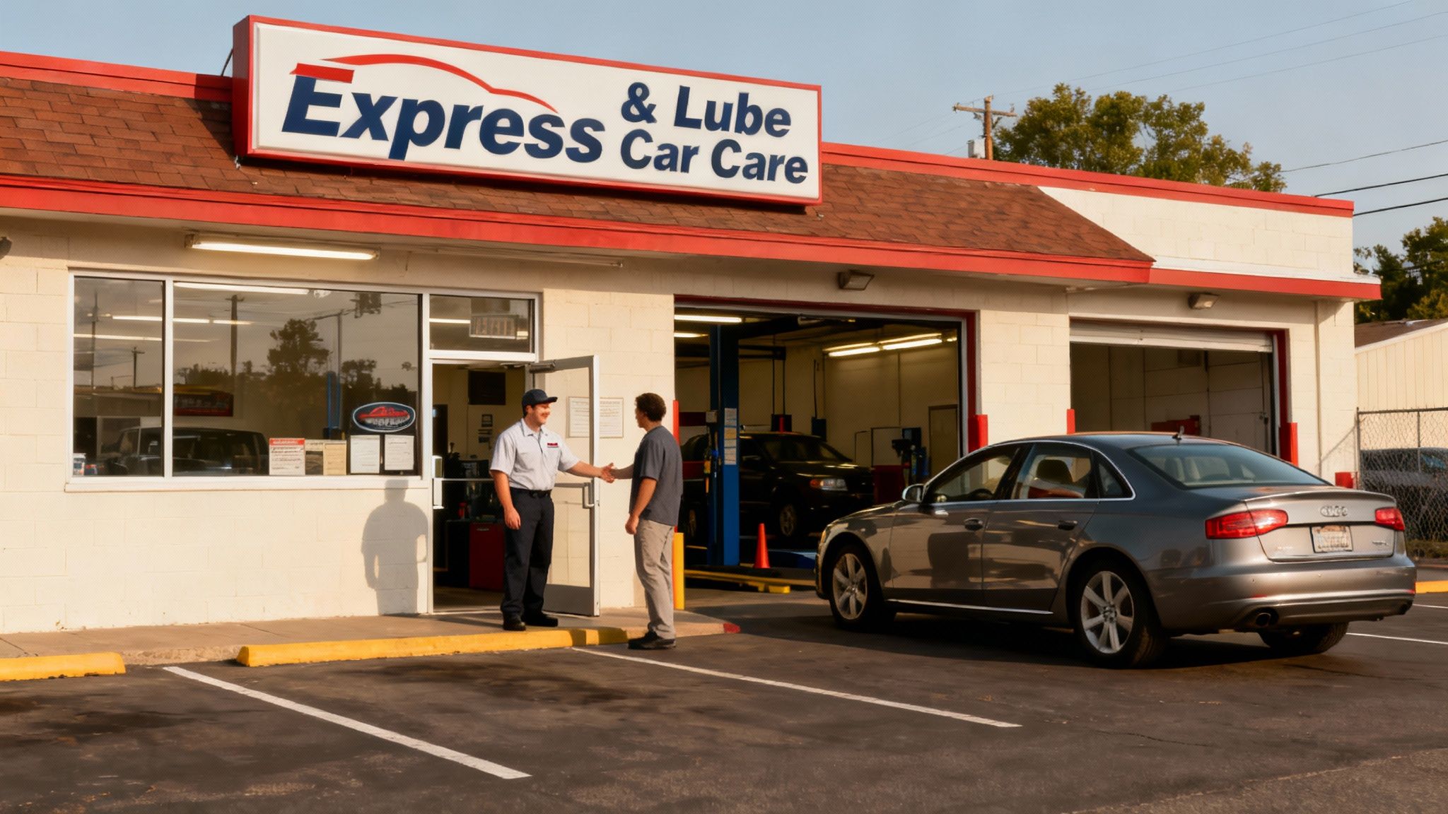 Two men shake hands in front of an Express & Lube car care center with a grey sedan parked outside.