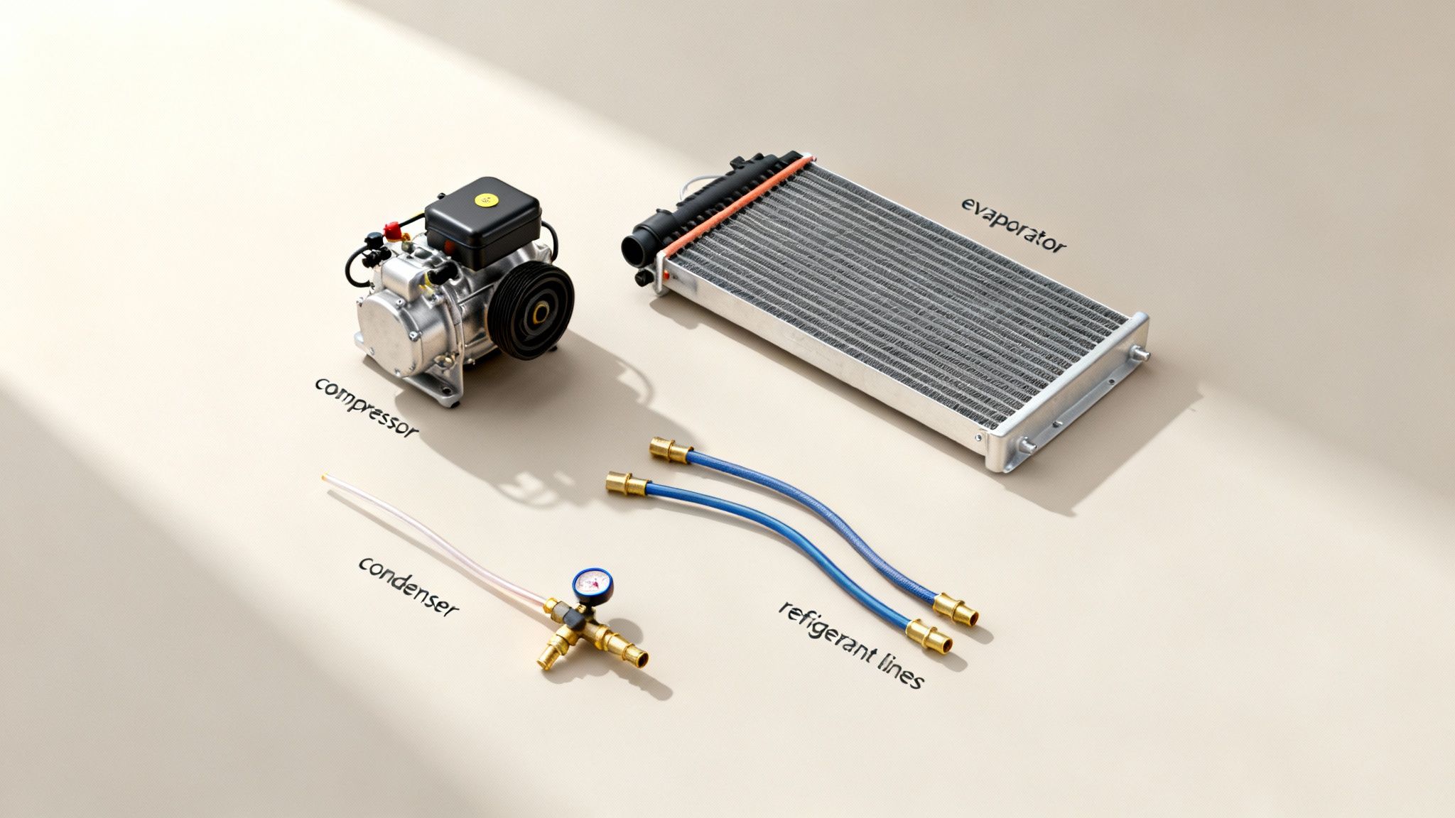 A flat lay of car air conditioning components, including a compressor, evaporator, condenser, and refrigerant lines.
