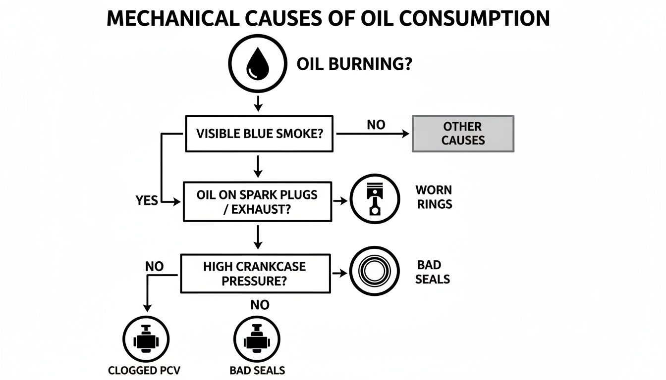 Flowchart outlining mechanical causes of oil burning, identifying worn rings, bad seals, and clogged PCV.