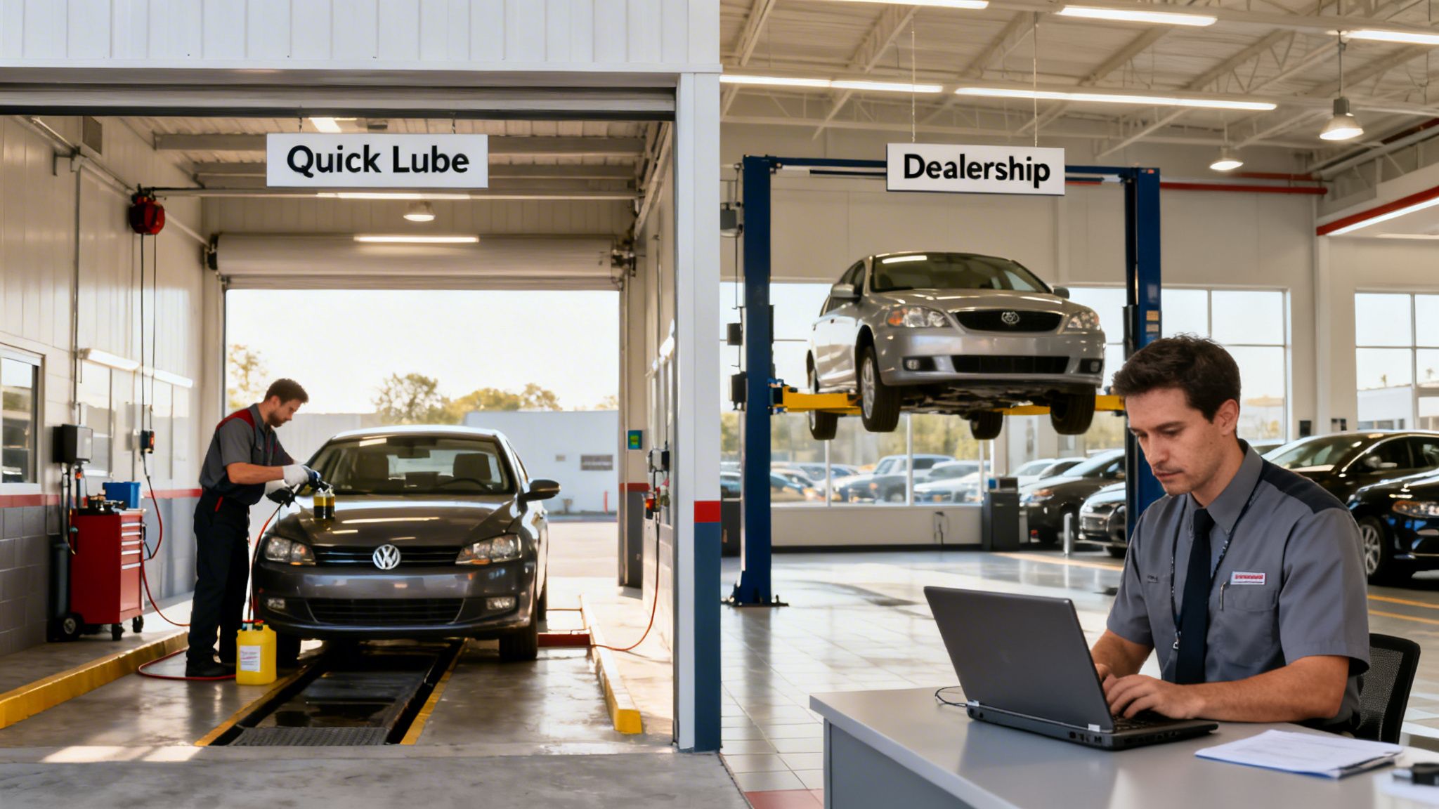 Mechanics working in a quick lube bay and a dealership service area with cars on lifts.