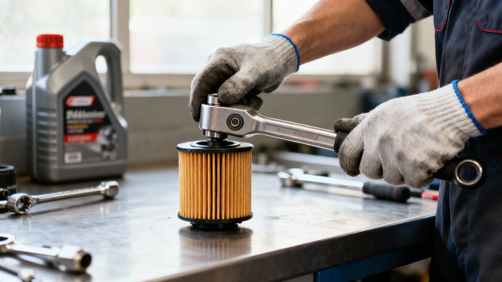 A mechanic in gloves uses a wrench to tighten an oil filter on a workbench, with motor oil nearby.