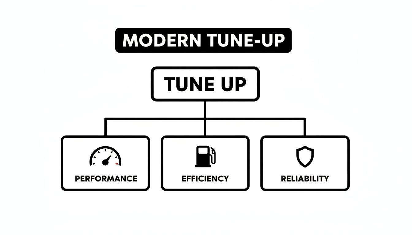 A modern tune-up diagram showing its benefits: performance, efficiency, and reliability, with icons.