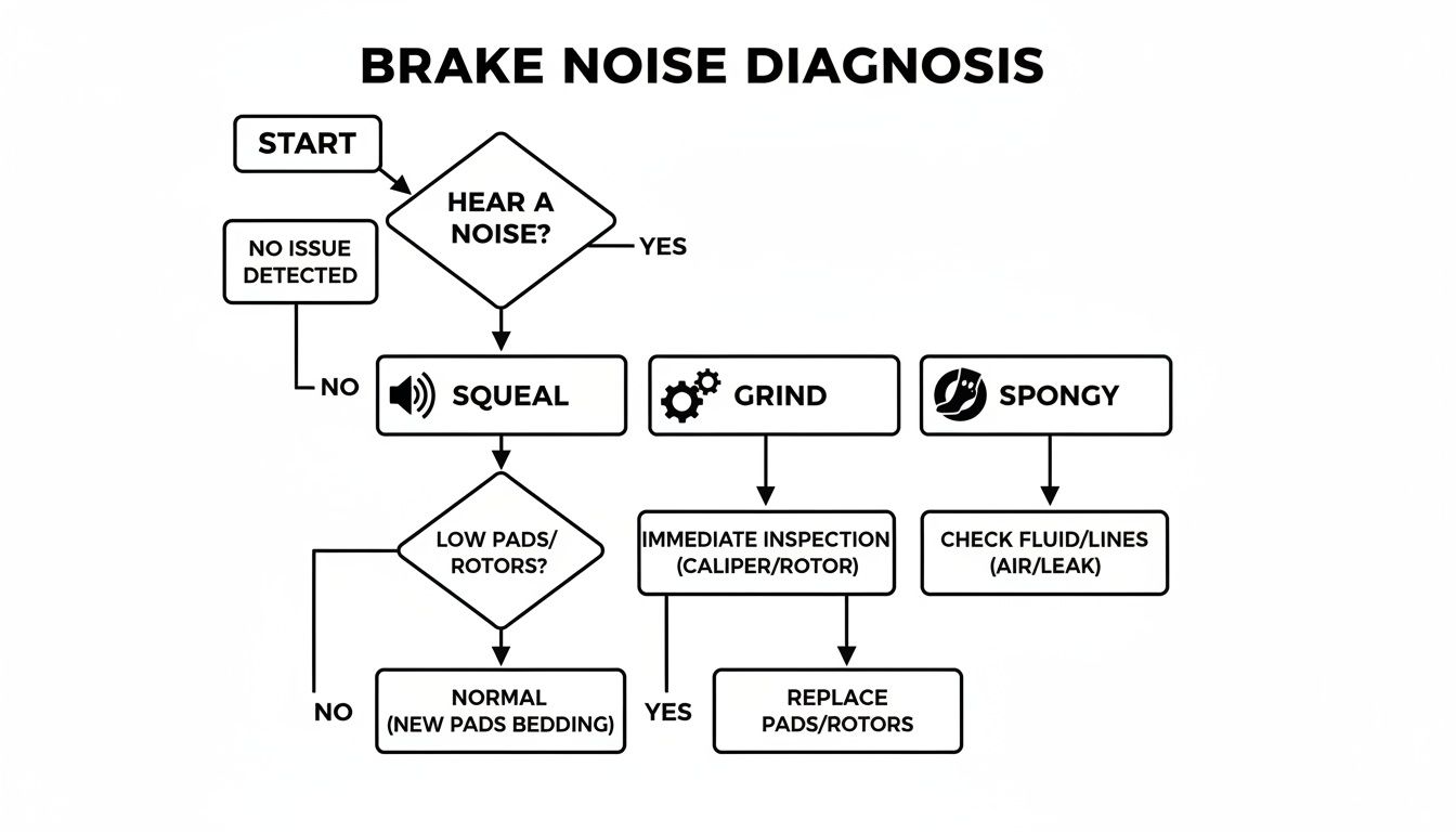 A flowchart detailing brake noise diagnosis, identifying issues like squeal, grind, and spongy pedal.