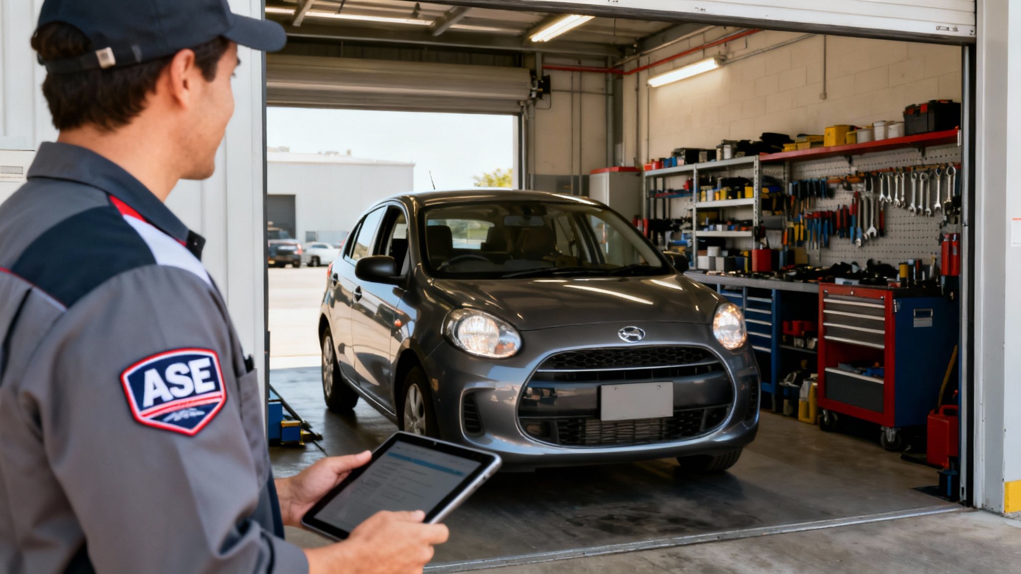 A certified mechanic uses a tablet to inspect a car entering a busy auto repair shop.