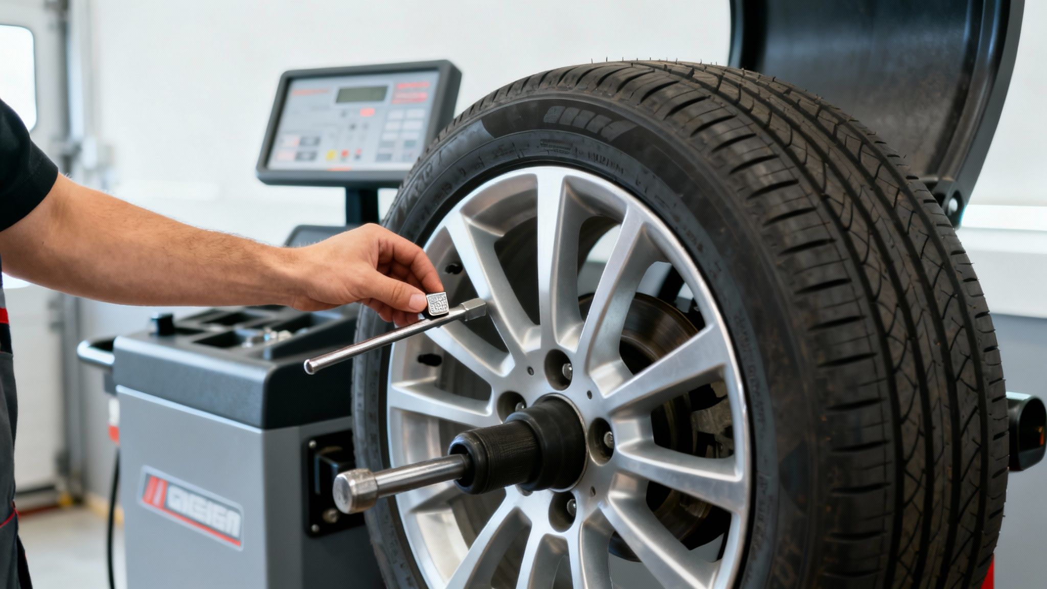 A mechanic precisely adds a balancing weight to a car tire on a wheel balancing machine.