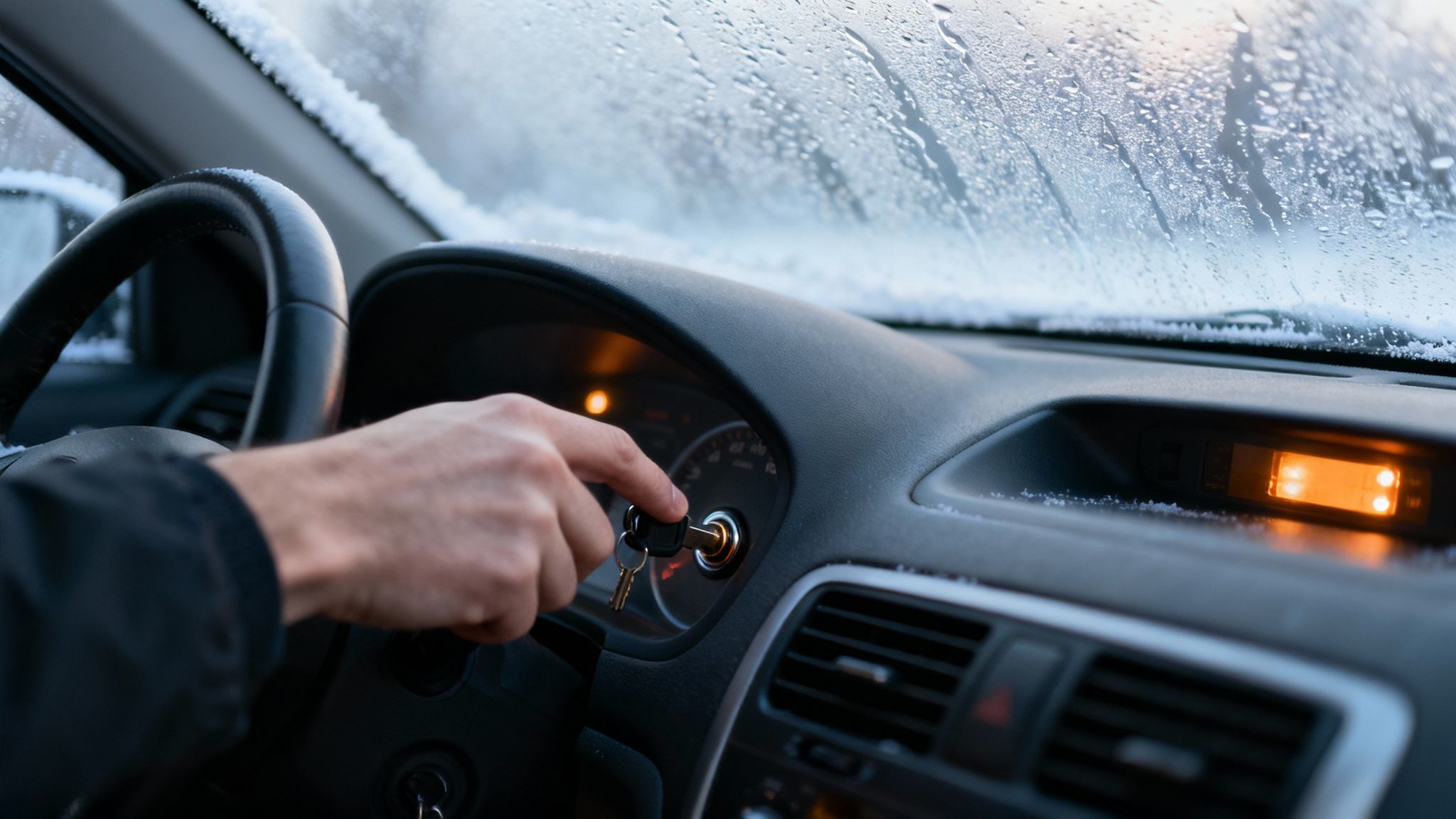 A person's hand inserting a key into a car ignition in winter with a snowy windshield.