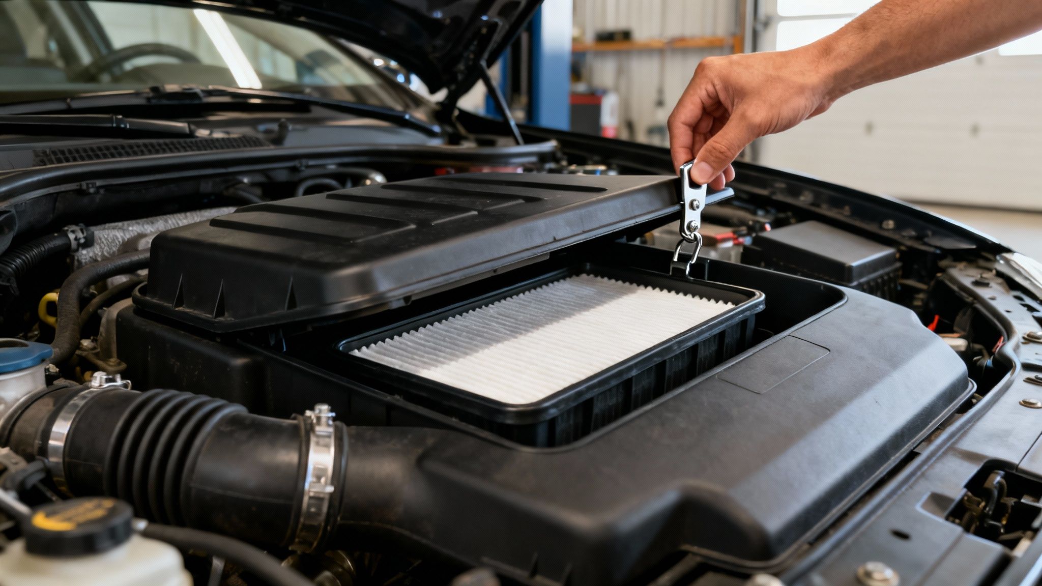 A person's hand opens the air filter housing to reveal a clean air filter in a car engine.