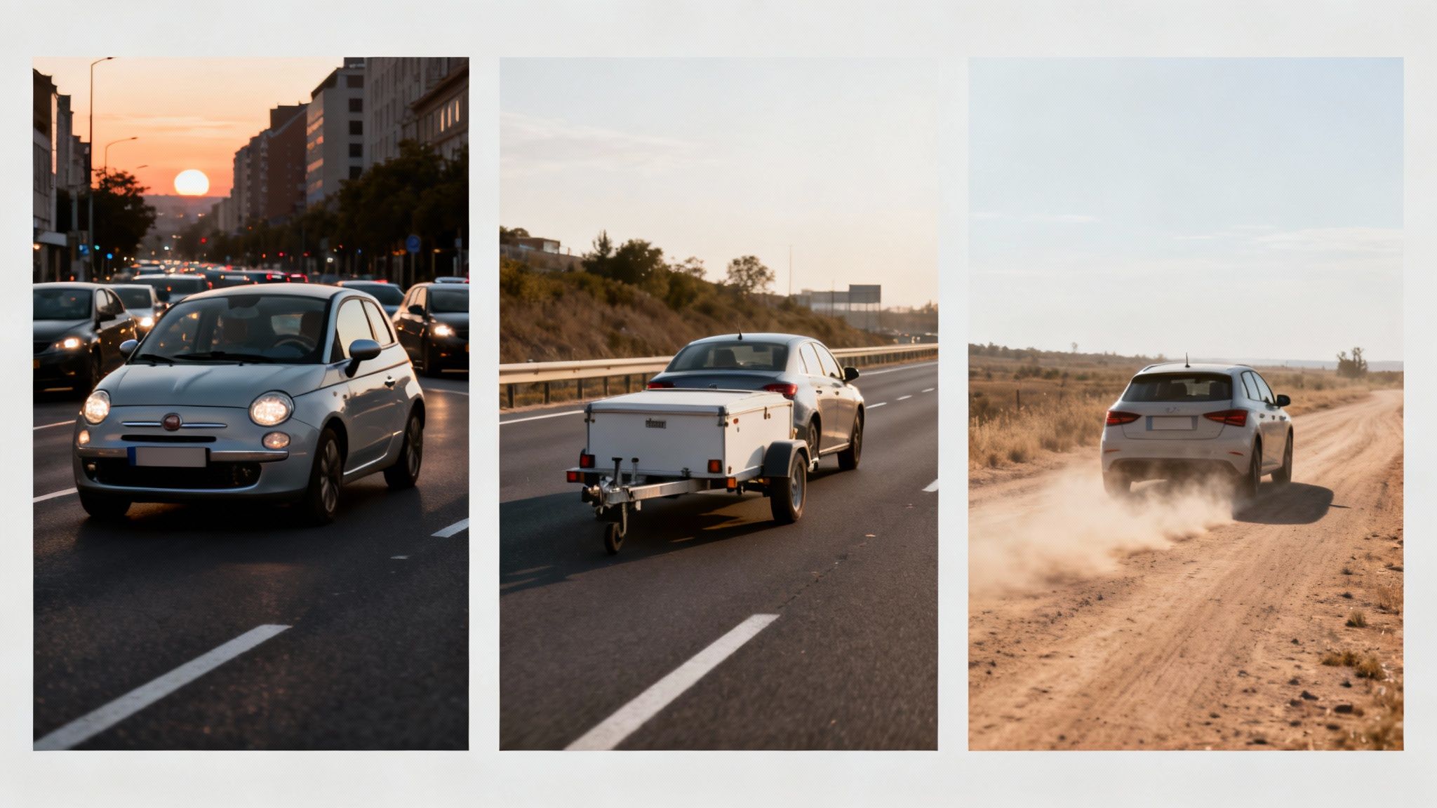 Three panels show cars: a silver Fiat 500 in city traffic at sunset, a car towing a trailer on a highway, and a white SUV driving on a dusty road.