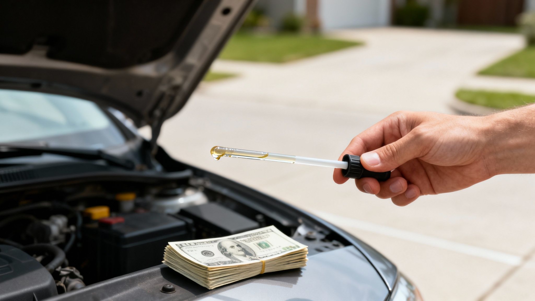 A hand holds a dropper with oil over an open car engine, with money resting on the fender.