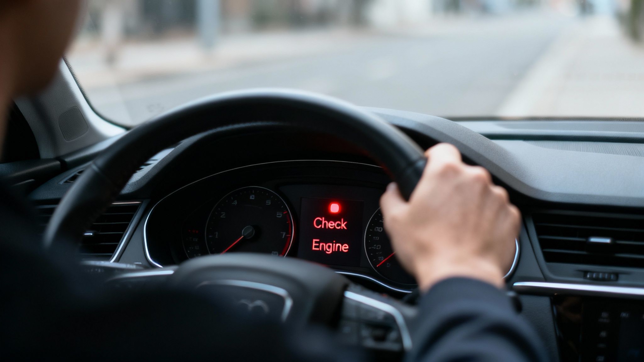 Driver's view of car dashboard showing a red 'Check Engine' warning light indicating a problem.