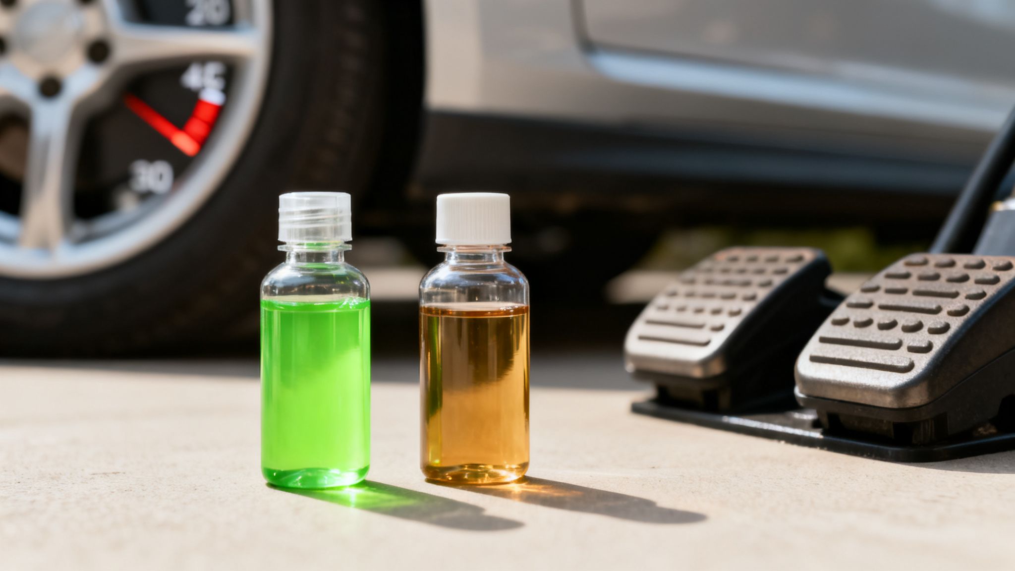 Two small bottles of car fluids, one green and one amber, sit on the ground near a car wheel and pedals.