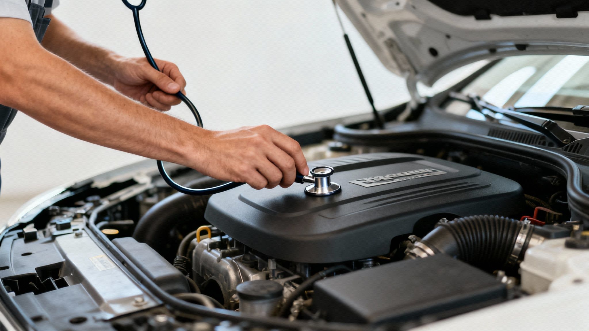 A mechanic uses a stethoscope to diagnose a car engine with the hood open, checking for issues.