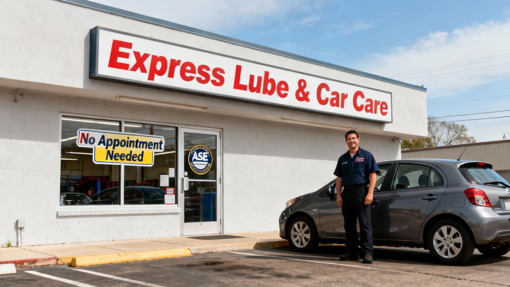 A friendly mechanic stands outside an Express Lube & Car Care shop with a car.