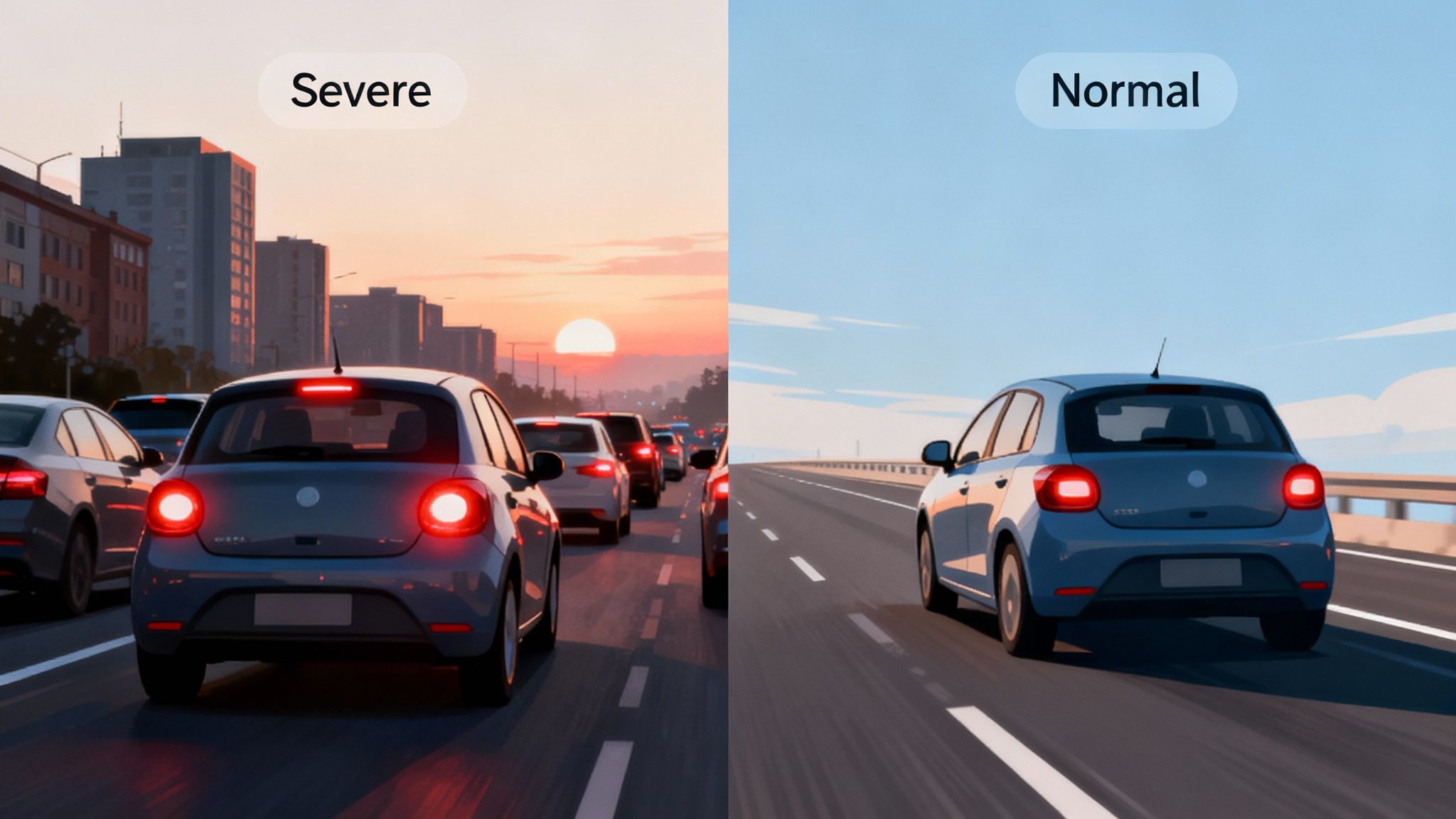 A split image showing severe traffic congestion at sunset versus a car on an open highway.
