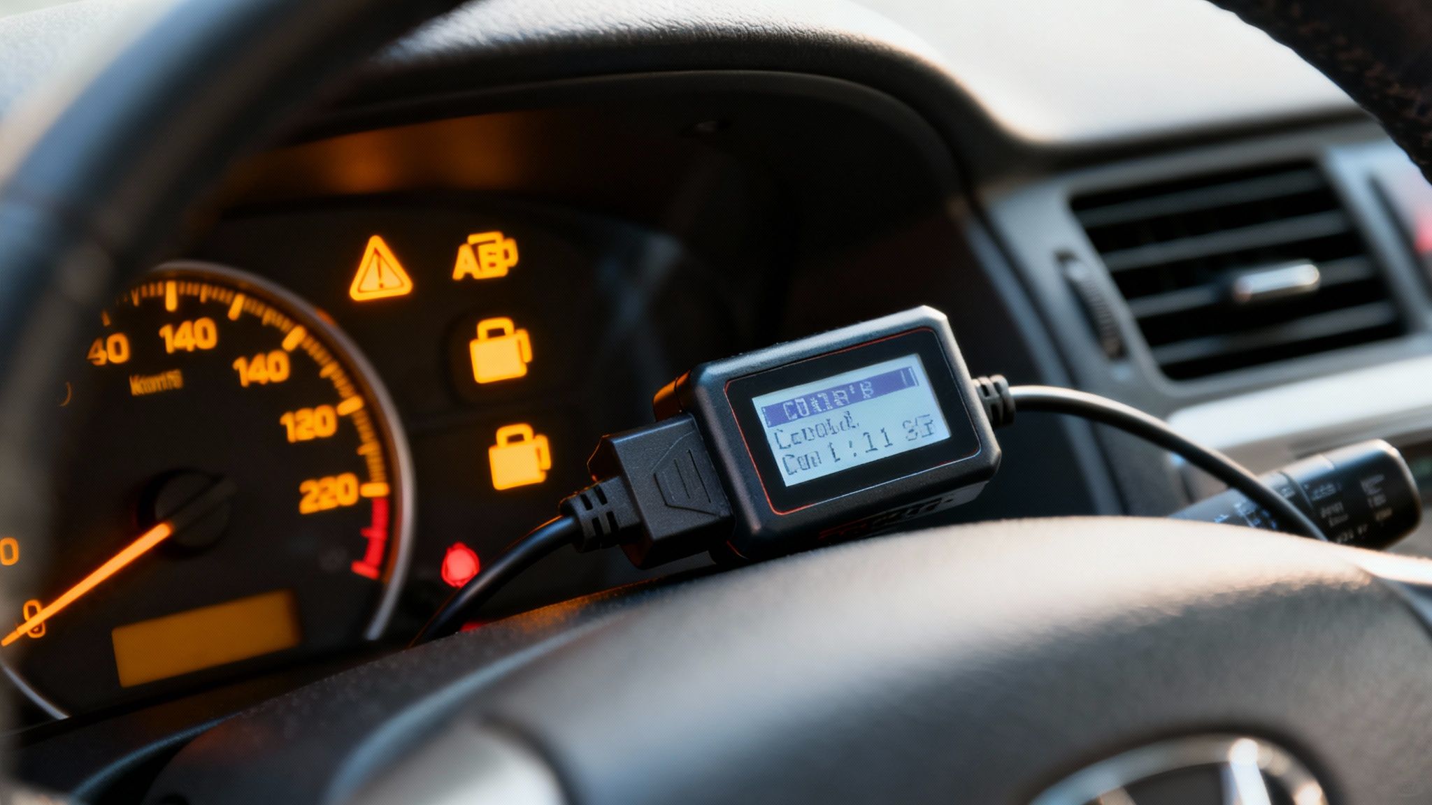 Close-up of a car dashboard with various warning lights and an OBD-II diagnostic scanner connected.