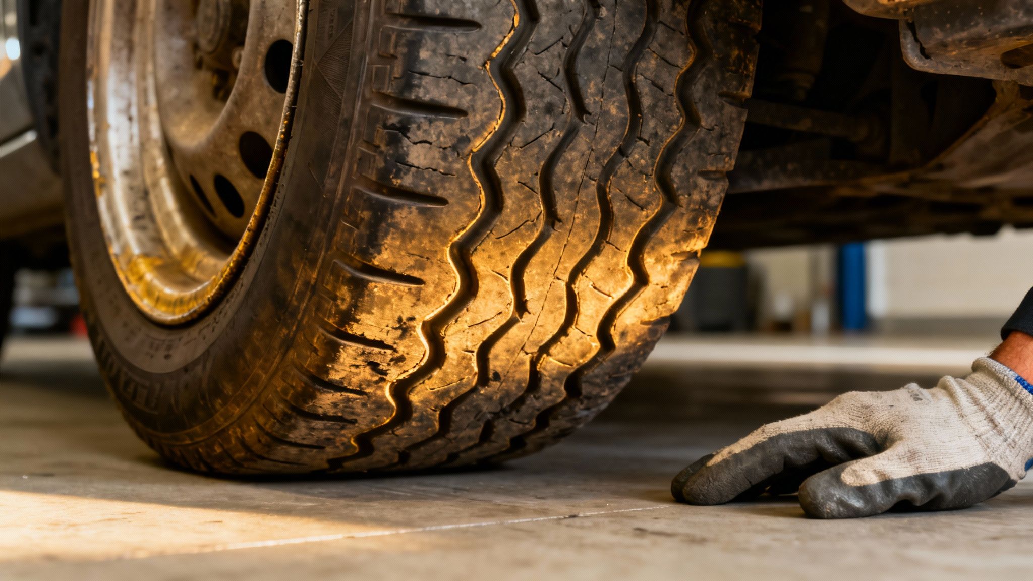A close-up of a worn car tire and rusty wheel, with a gloved hand on a garage floor.