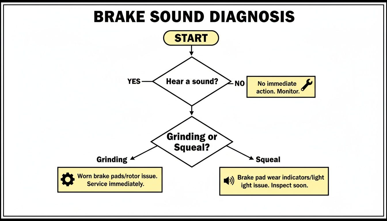 Flowchart showing brake sound diagnosis: grind means immediate service, squeal means inspect soon.