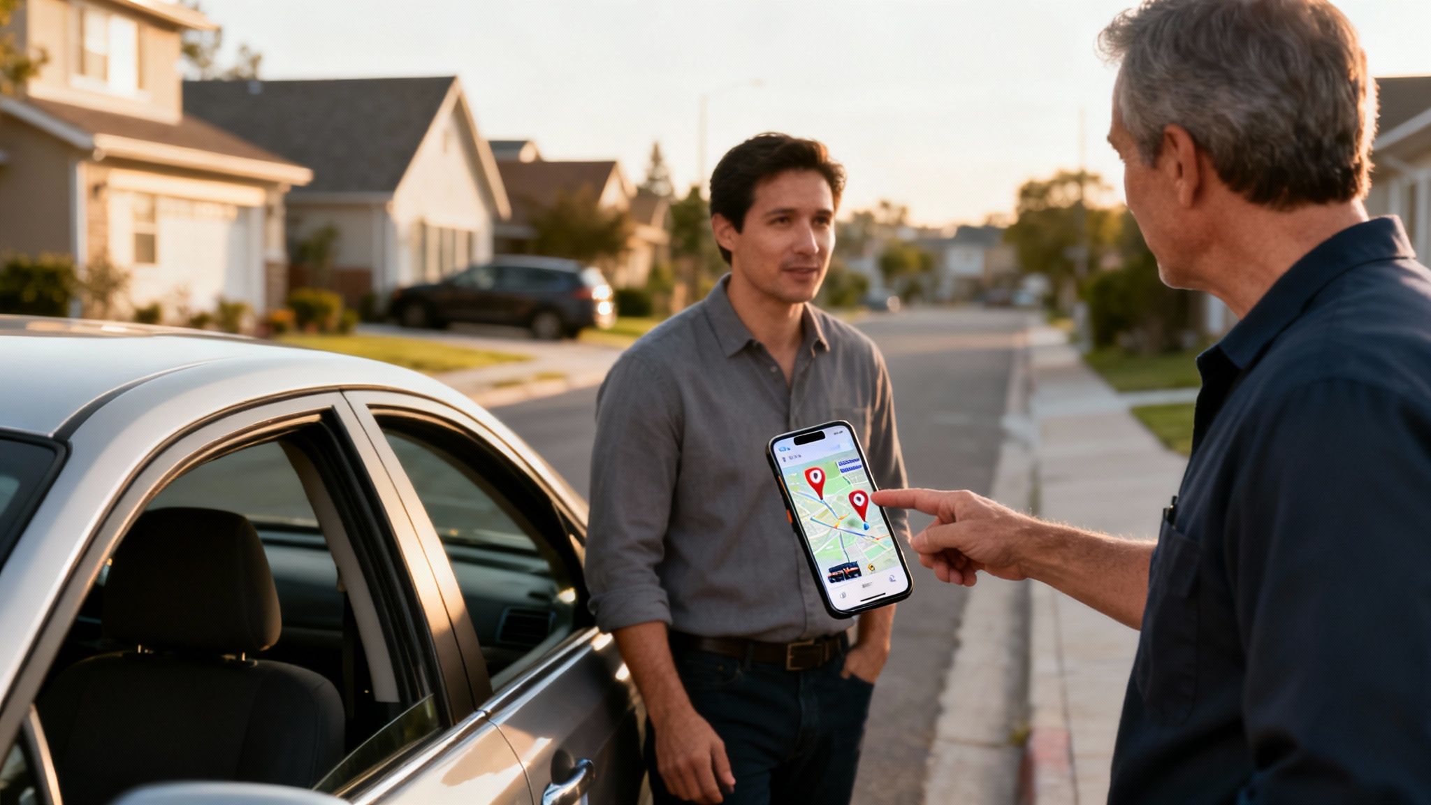 Two men discuss directions on a smartphone map app next to a car on a suburban street.