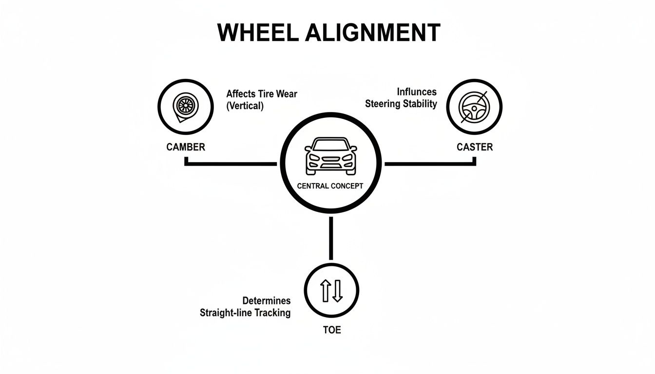 Diagram explaining wheel alignment components: Camber, Caster, and Toe, and their effects on vehicle handling.