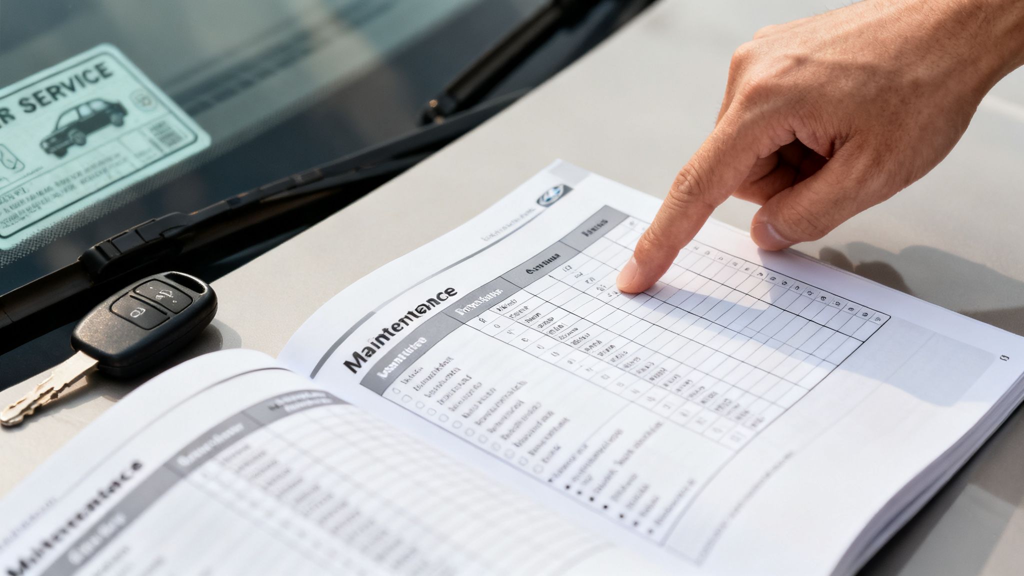 A hand points at a car maintenance schedule in a service book, with a car key and service sticker.