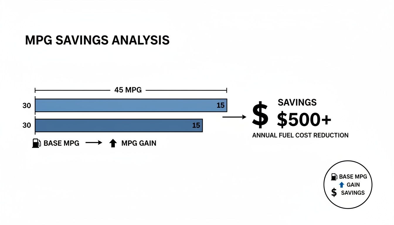 An MPG savings analysis illustrating a gain from 30 to 45 MPG, resulting in over $500 annual fuel cost reduction.